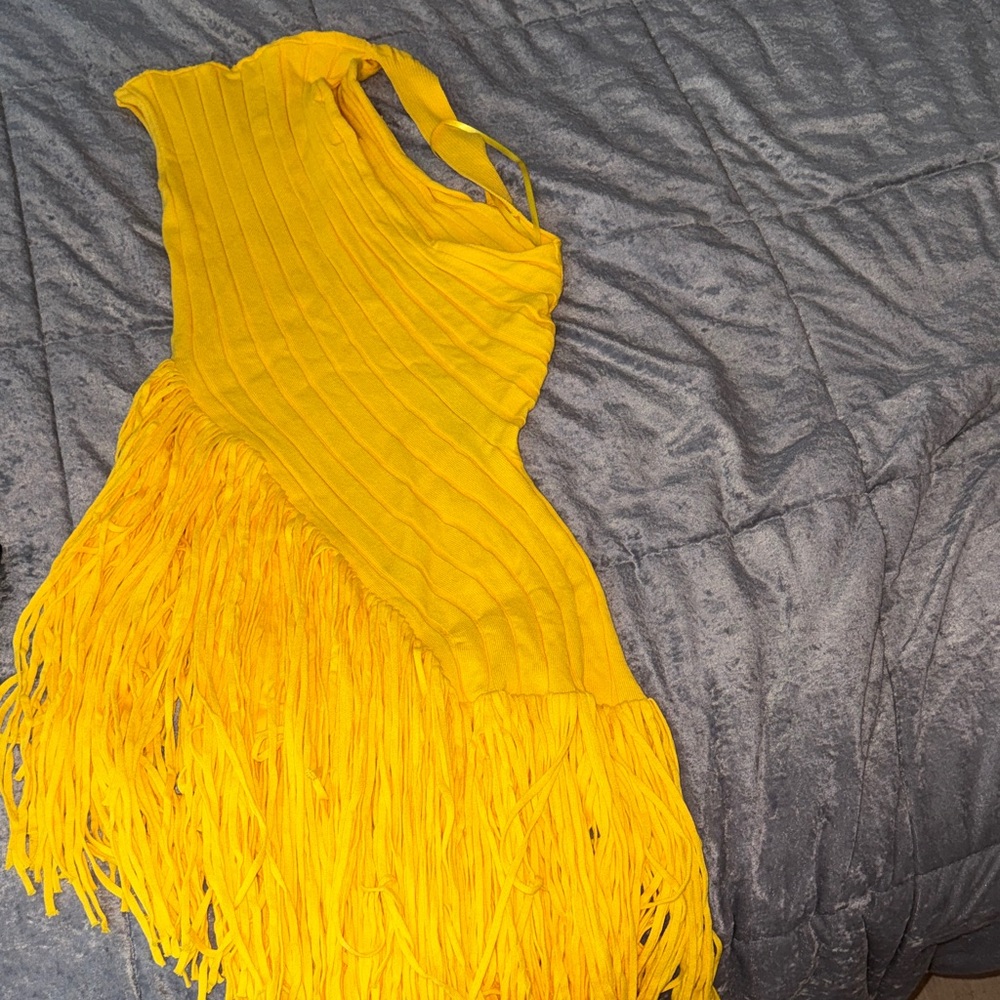 Hanifa Yellow One-Shoulder Fringe Dress